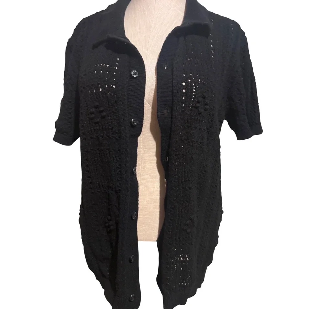 Black Crochet Cardigan M Short Sleeve Button Up Boho Knit Top Open Front Relaxed - Picture 5 of 10